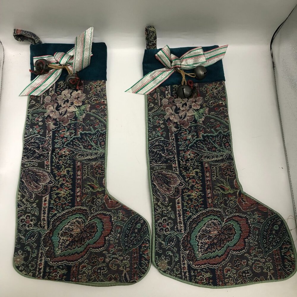 VTG 2 Piece Tapestry Traditional Christmas Stockings Gold Jingle Bell Detail